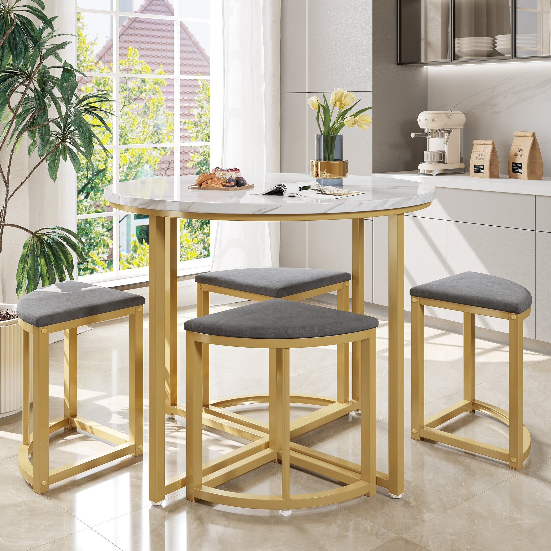 Dining Table Set 5-Piece Modern Luxury Gilded Iron Frame Grey Velvet