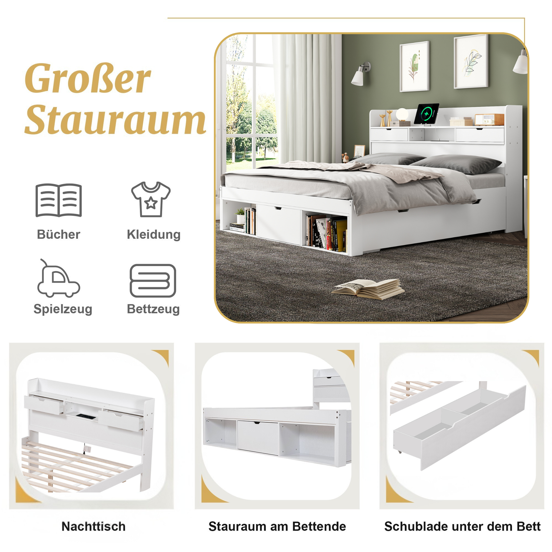 Multifunctional Double Bed with USB Port, Drawers and Storage Cabinet, 140x200cm, White Wood