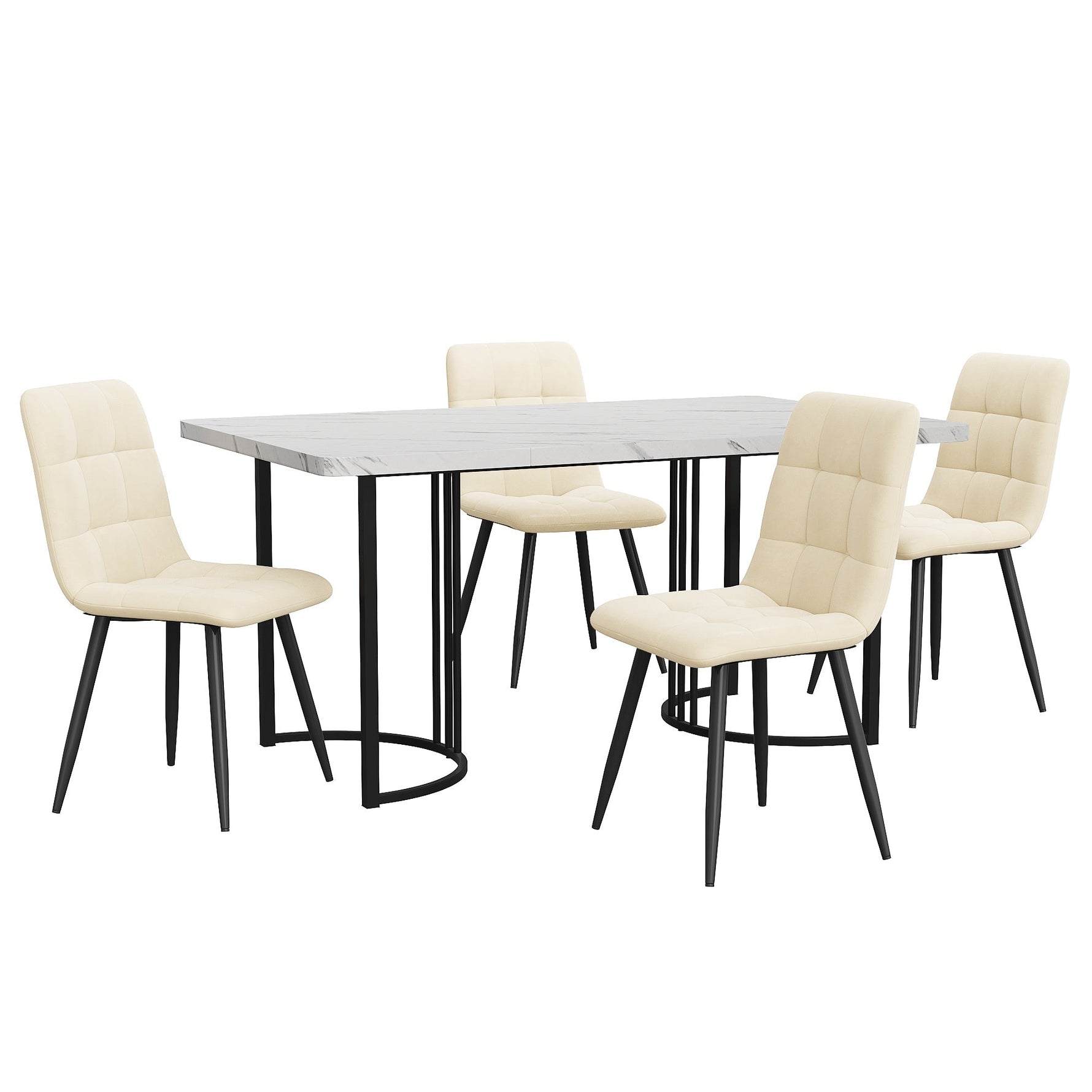 5-Piece Dining Set 140x80cm Modern Kitchen Table 4 Chairs White MDF Beige Velvet
