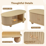 Oval Coffee Table with Storage and Sliding Doors, Multifunctional, Wood Colors