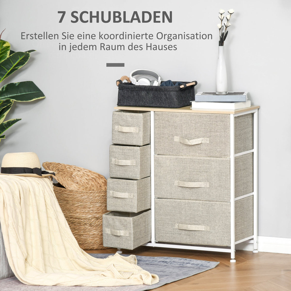 Drawer Cabinet, 7 Foldable Fabric Drawers, Non-Woven, Grey