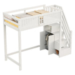 Solid Wood Loft Bed 90x200cm with Safety Door & Ladder, White