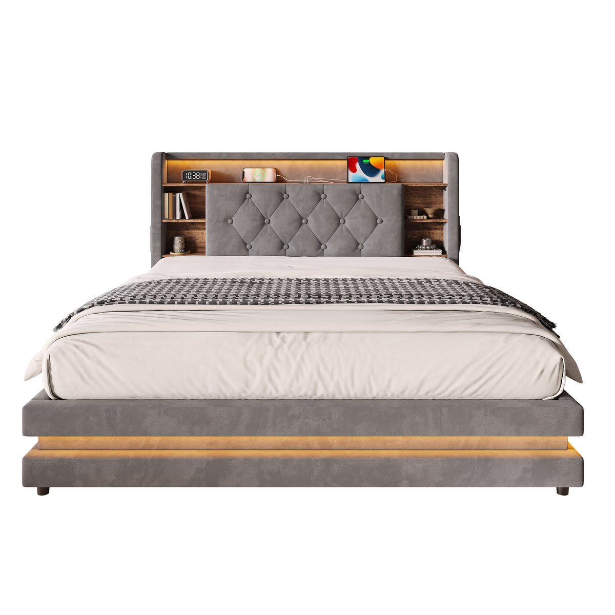 Upholstered Bed 140x200cm with Storage & LED, Velvet Dark Gray