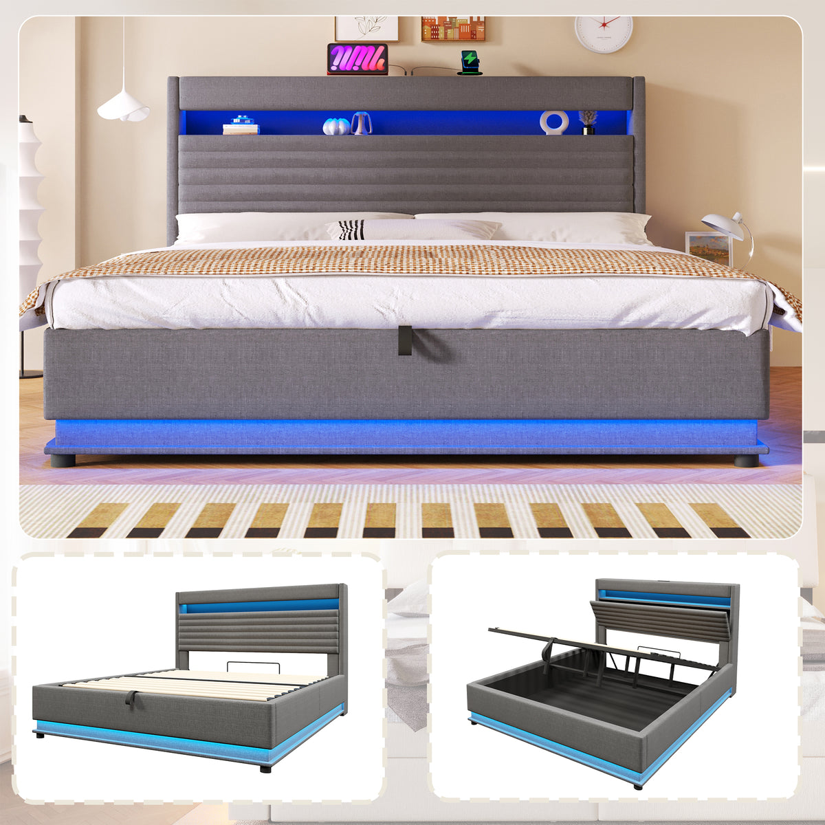 Upholstered Bed 180x200 with Storage & LED Light, Grey Linen