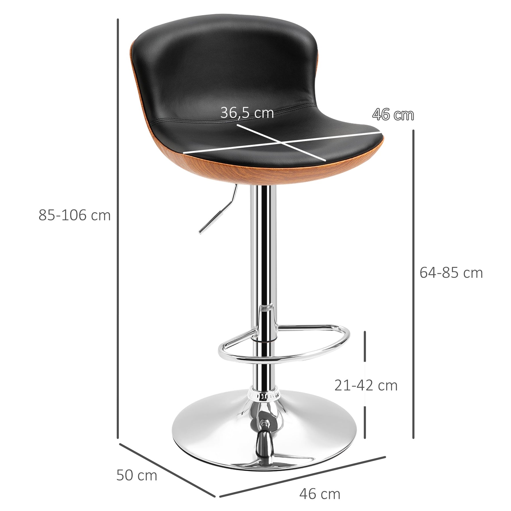 Kitchen Bar Stool Set of 2, Height-Adjustable Swivel with Footrest & Backrest, Faux Leather Black