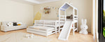 House Bunk Bed with Slide, Trundle & Drawers, White Solid Wood