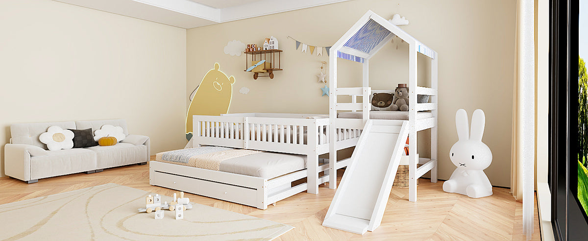 House Bunk Bed with Slide, Trundle & Drawers, White Solid Wood