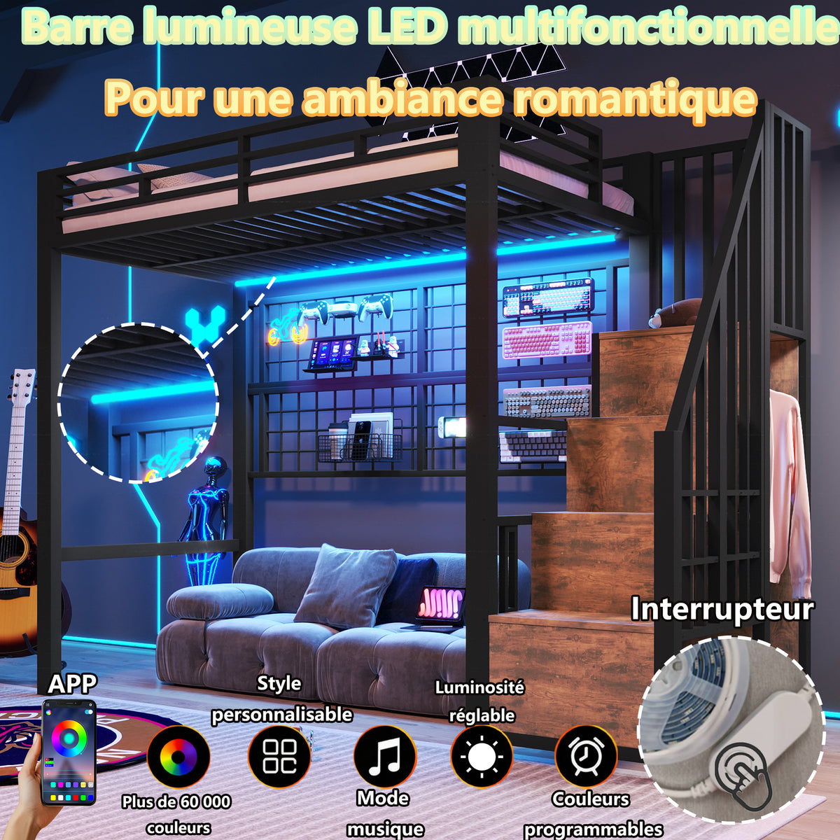 Loft Bed 90x200cm with Wardrobe & LED Lights, Black Iron Frame