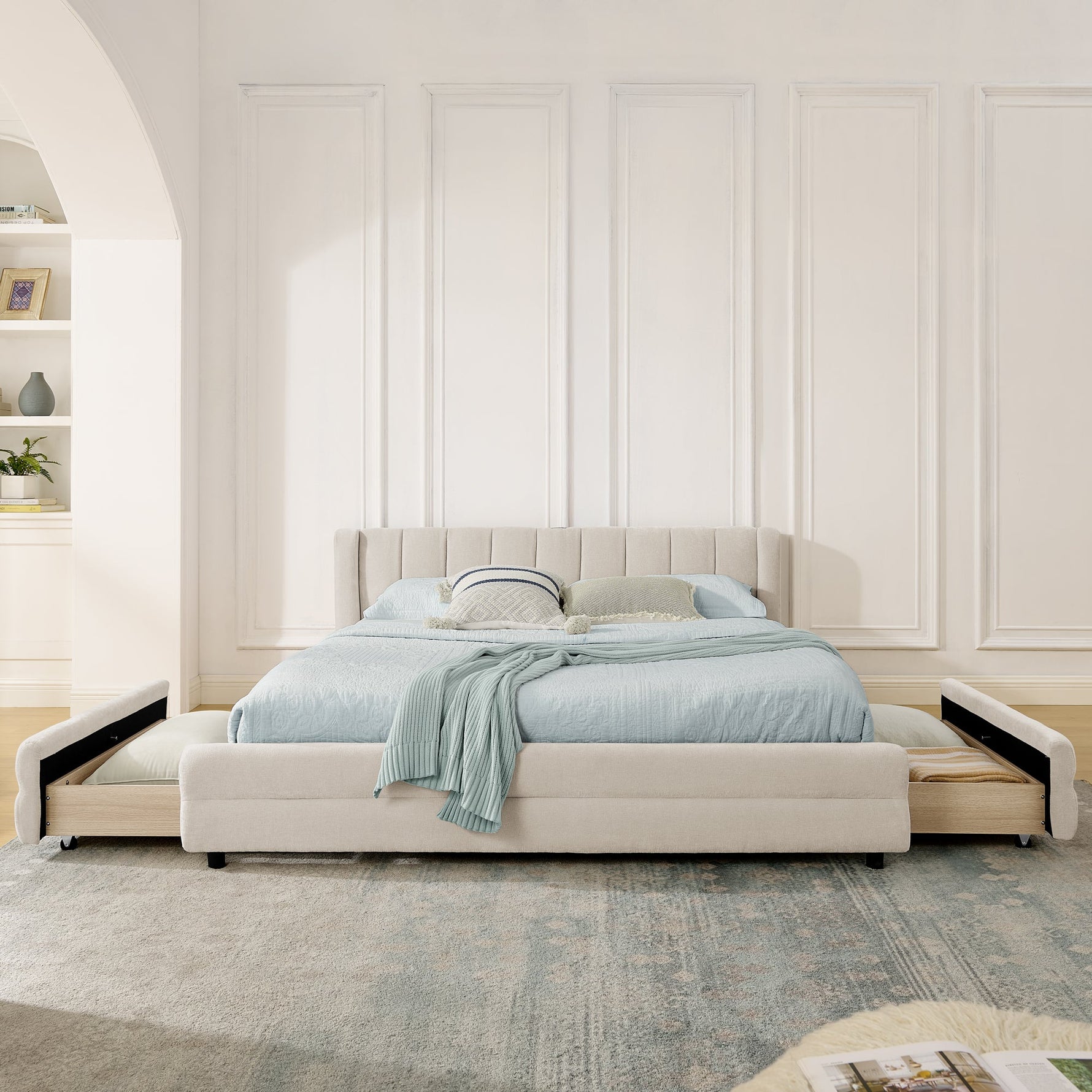 Double Bed 140x200cm Storage USB Port Chenille Beige