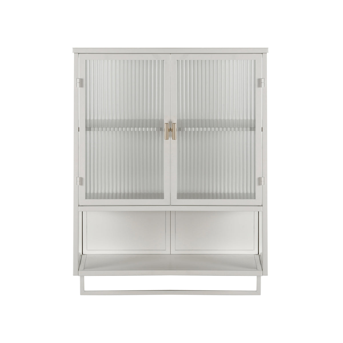 60CM Wall Cabinet with Glass Doors, Two-tier Enclosed Storage, Open Shelf, Towel Rack, White
