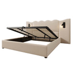 Upholstered Double Bed 180x200 with Lamp & USB, Beige Linen
