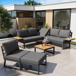L-shaped Garden Sofa Set Weatherproof 7-Seater Corner Lounger Wooden Armrests Iron Grey/Beige