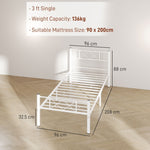Bed Frame, 200 x 90 cm, 88 cm High, Single, Steel, White