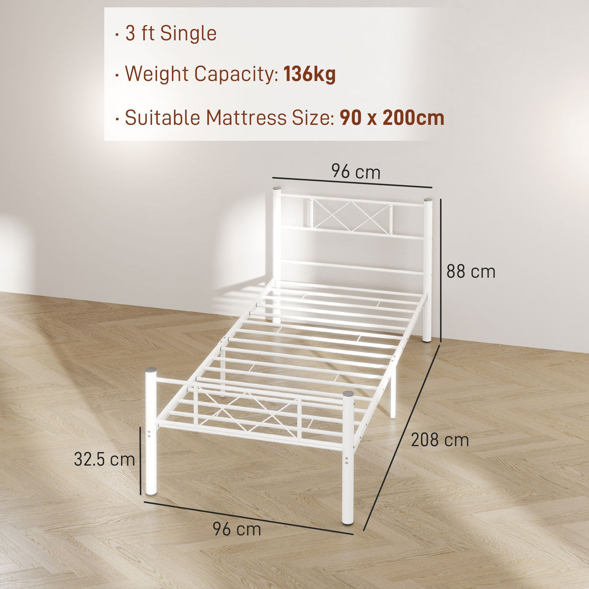 Bed Frame, 200 x 90 cm, 88 cm High, Single, Steel, White