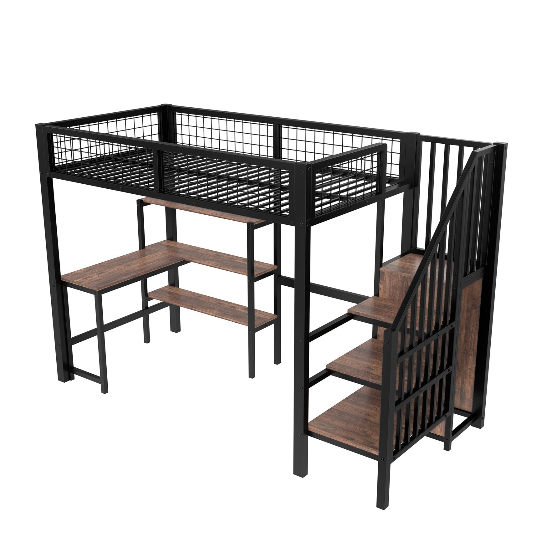 Loft Bed 90*200cm with Desk, Wardrobe and Storage Shelves, Black Iron and MDF