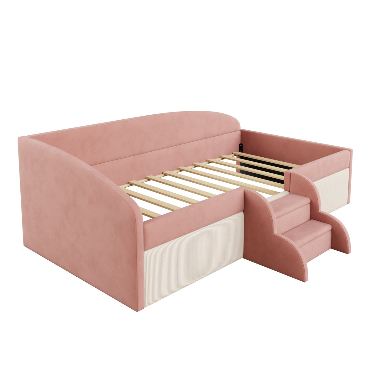 Upholstered Sofa Bed, 90x190cm Multifunctional with Steps and Railings, Velvet Fabric Pink + Cream White