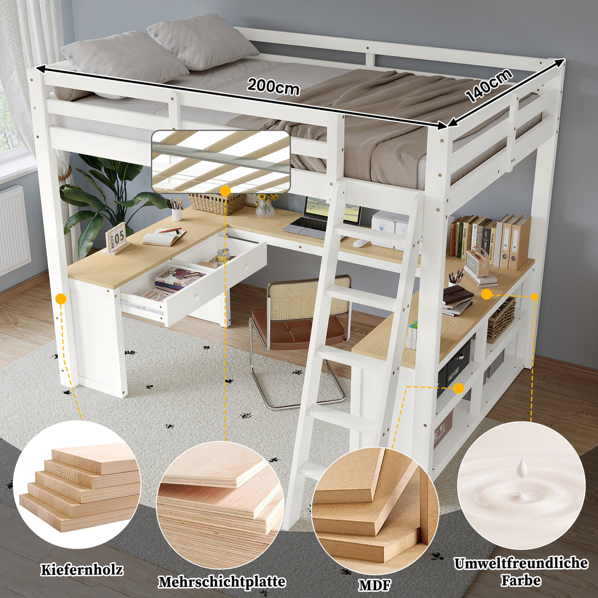 Loft Bed with U-Shaped Desk & Drawers 140x200cm - White & Natural