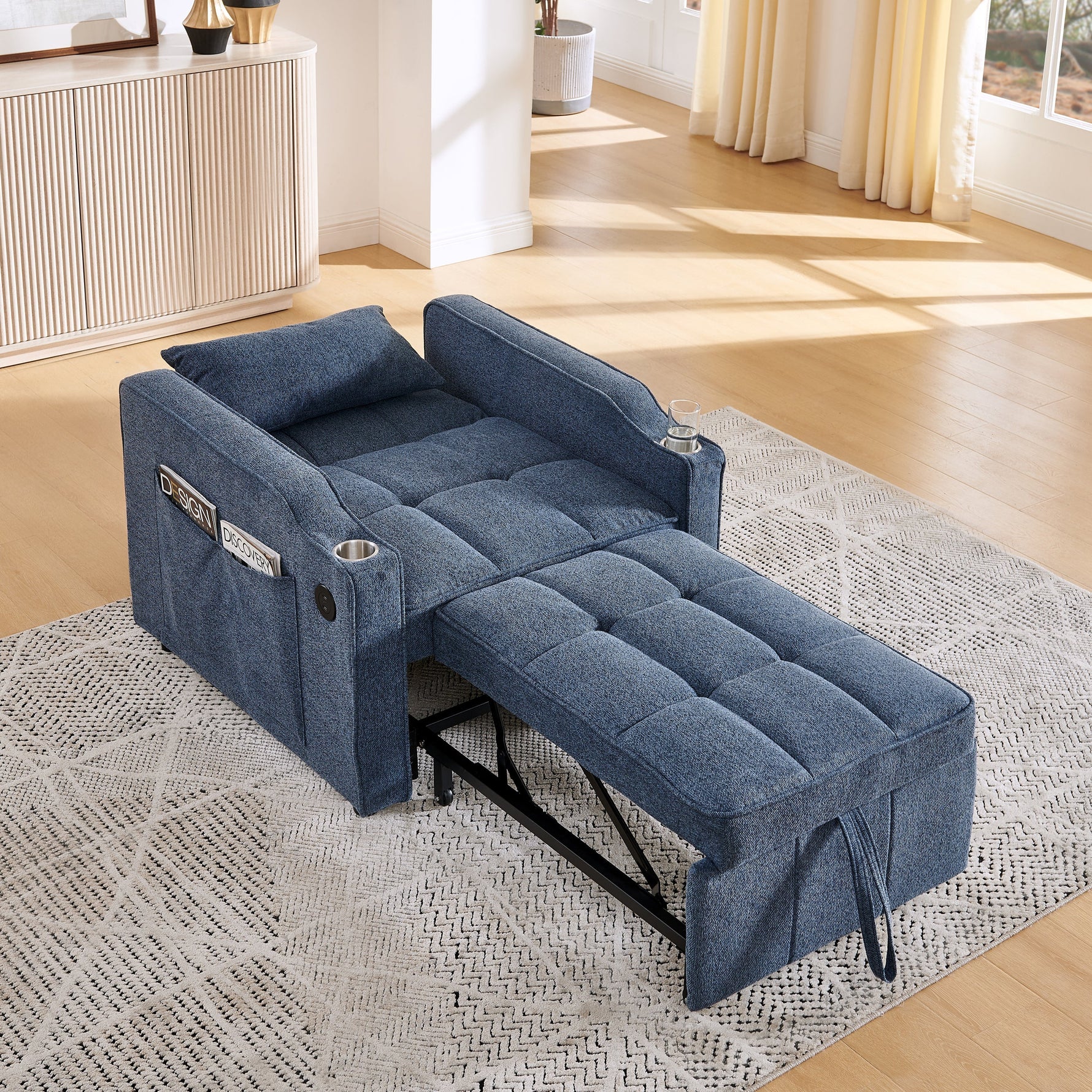 3-in-1 Sofa Bed with Slide-to-Transform Design and USB Charging, Navy Blue