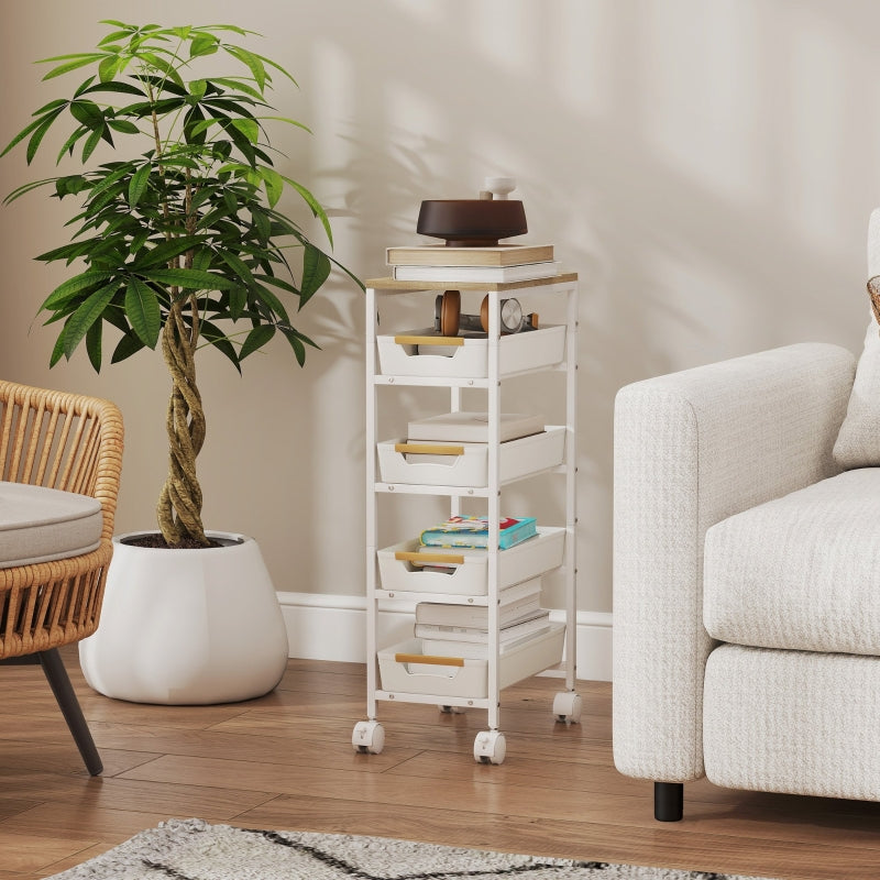 Kitchen Cart 5-Tier Rolling, 4 Drawers, White Wood Effect