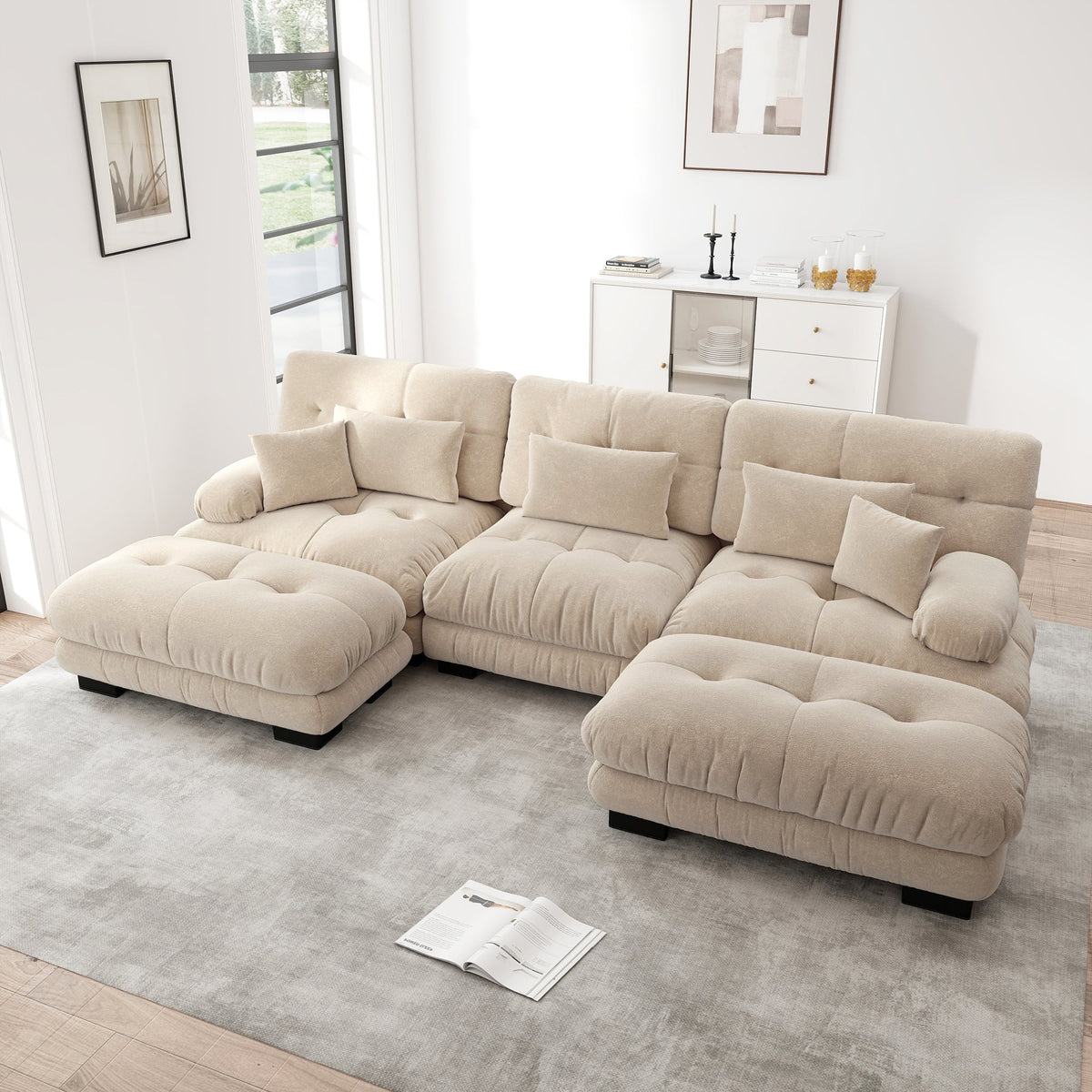 Modular Corner Sofa, Oversized U-Shaped Convertible Sleeper with Ottoman, Light Brown Chenille