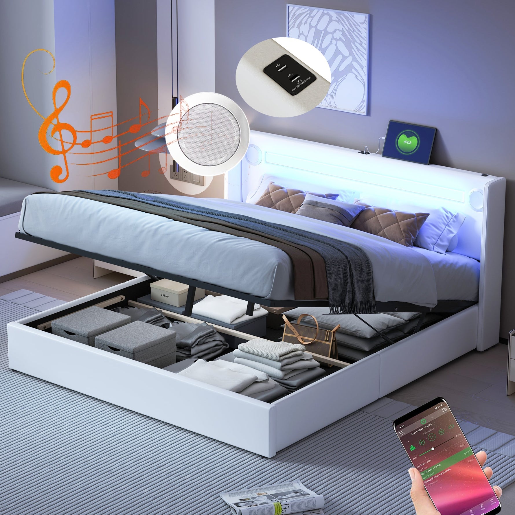 Upholstered Bed 160x200 with LED, Bluetooth, USB, Storage, PU Leather White