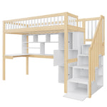 Loft Bed with LED Lights, Desk, Shelves and Storage Ladder, 90x200cm, White and Natural Wood
