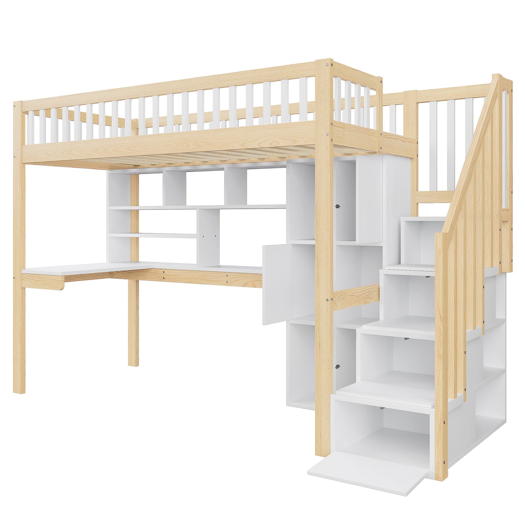 Loft Bed with LED Lights, Desk, Shelves and Storage Ladder, 90x200cm, White and Natural Wood