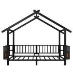 Children's House Bed 90x200cm with Safety Rail & Roof, Black Metal