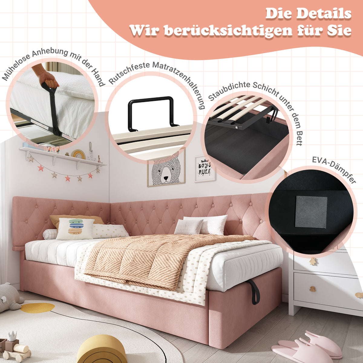 Upholstered Double Bed 180x200 with Storage & LED, Beige Chenille