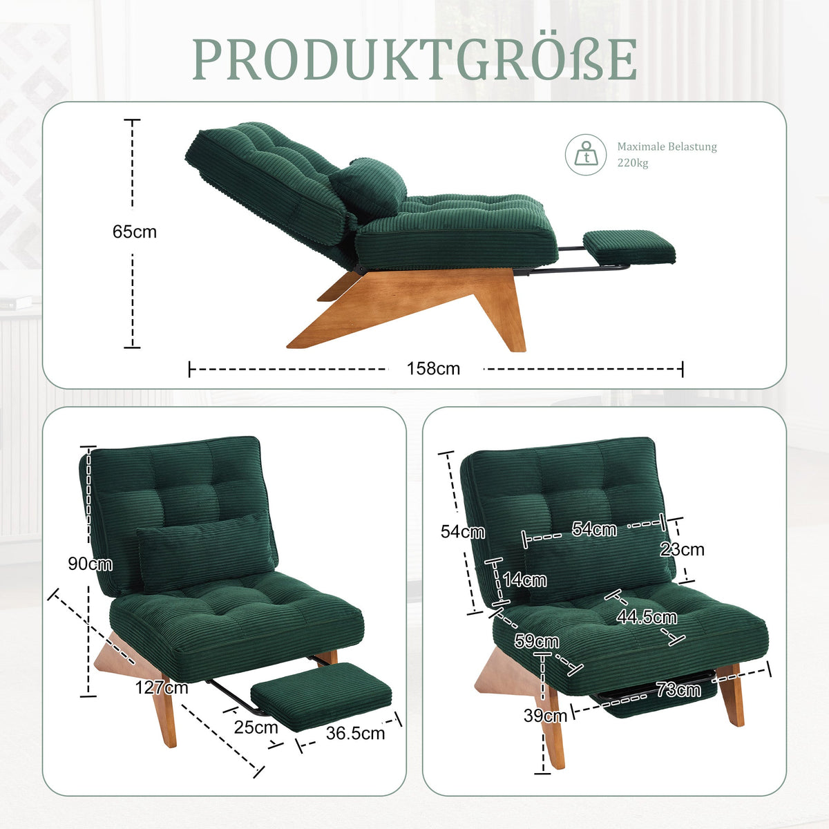 Lounge Chair Adjustable Backless Footrest Lumbar Cushion, Fabric Wooden Legs