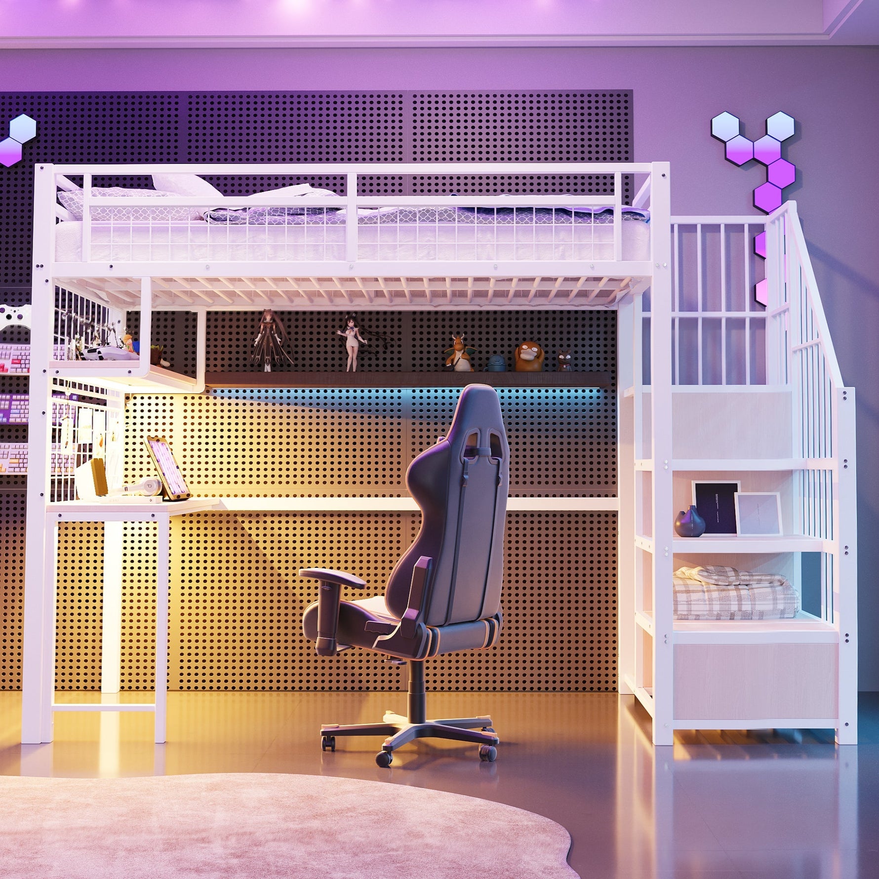 Metal Loft Bed 90x200cm with Light Strip Charging Socket Storage Ladder Wardrobe Desk White