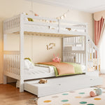 Bunk Bed with Stair Shelf and Pull-out Trundle Bed, 90x200cm, White