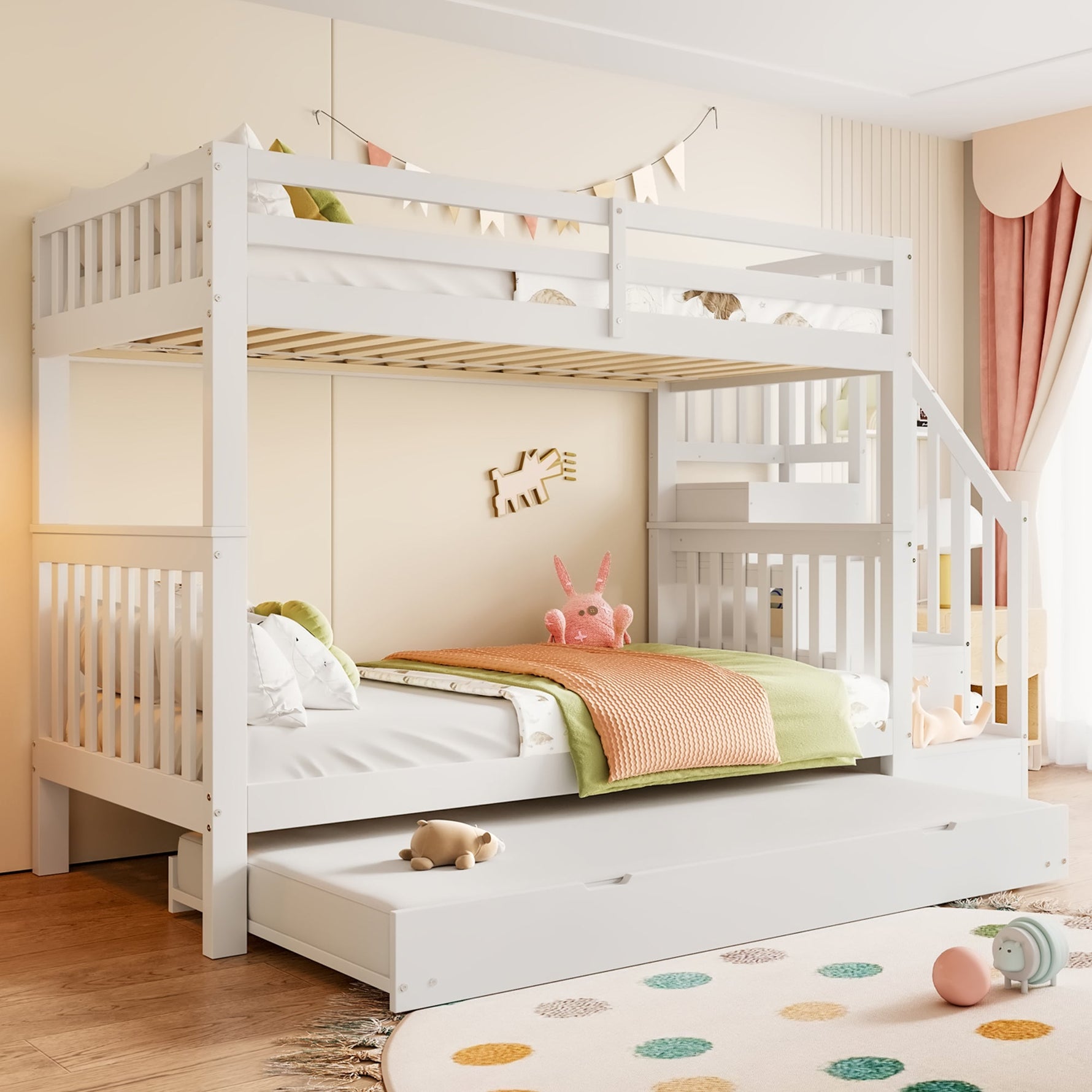 Bunk Bed with Stair Shelf and Pull-out Trundle Bed, 90x200cm, White