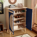 Modern Shoe Cabinet with Geometric Doors and Multi-Level Storage, Blue and Natural
