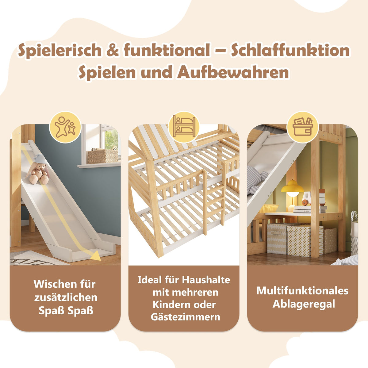 Children's Bunk Bed with Gable Roof, Shelf and 35cm Slide, 90x200cm, White and Natural Wood