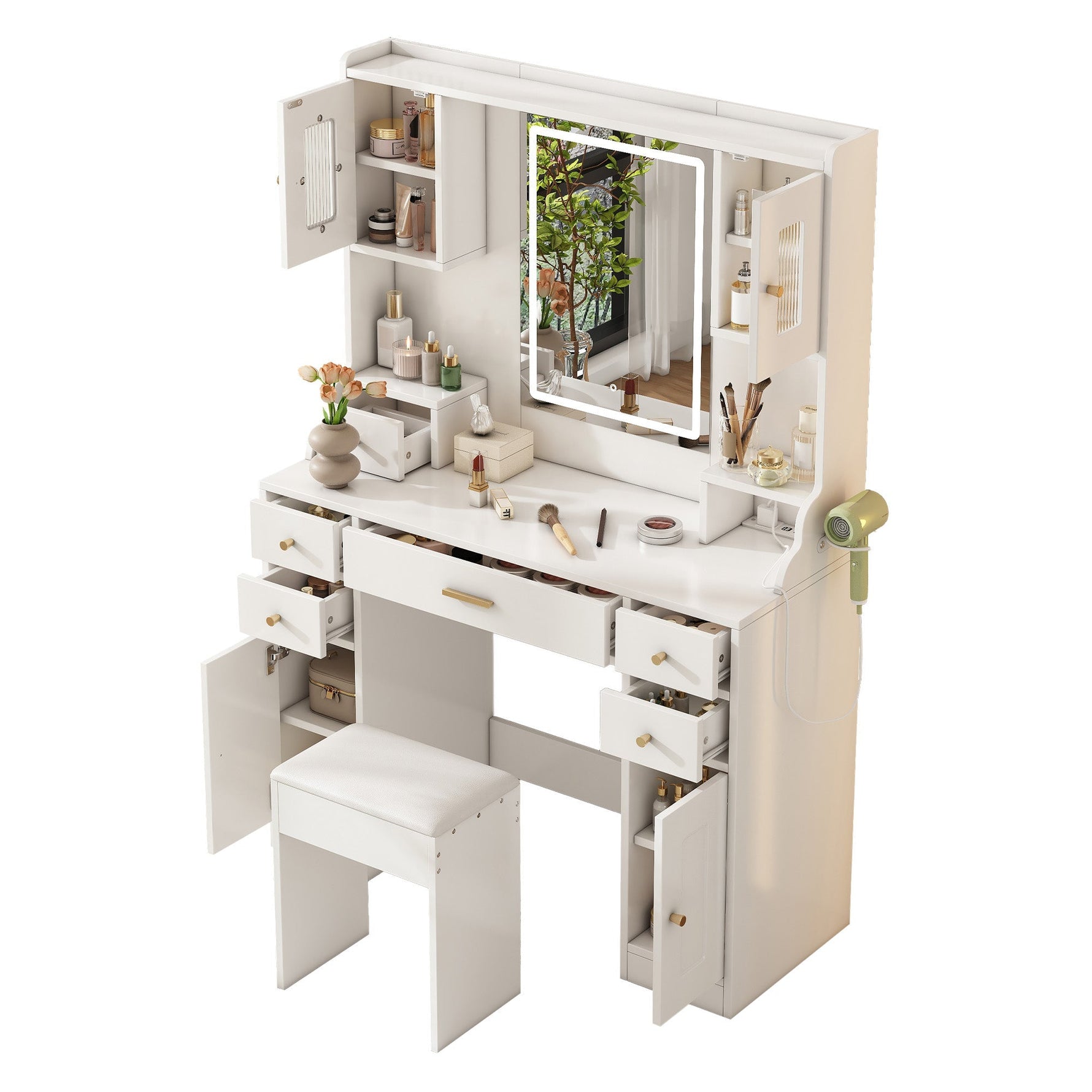 Dressing table with adjustable LED lighting, power outlets, mirror, 6 drawers, 4 doors, white
