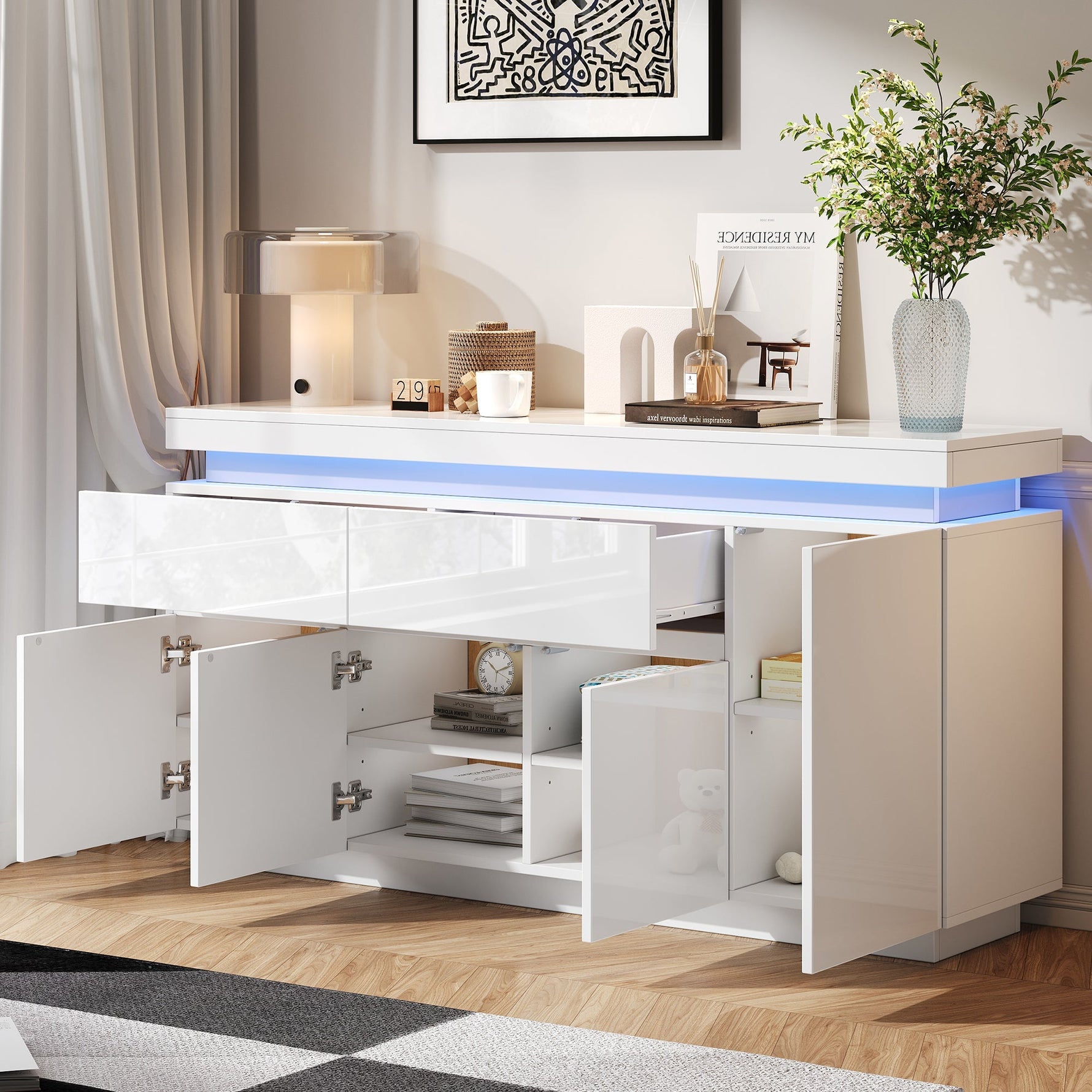 Sideboard 140x35x72.5cm High-Gloss LED 2 Drawers 4 Doors - White