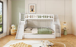 Children's Bed, Bunk with Slide, Shelf, Trundle & Slatted Frame, Solid Wood, White