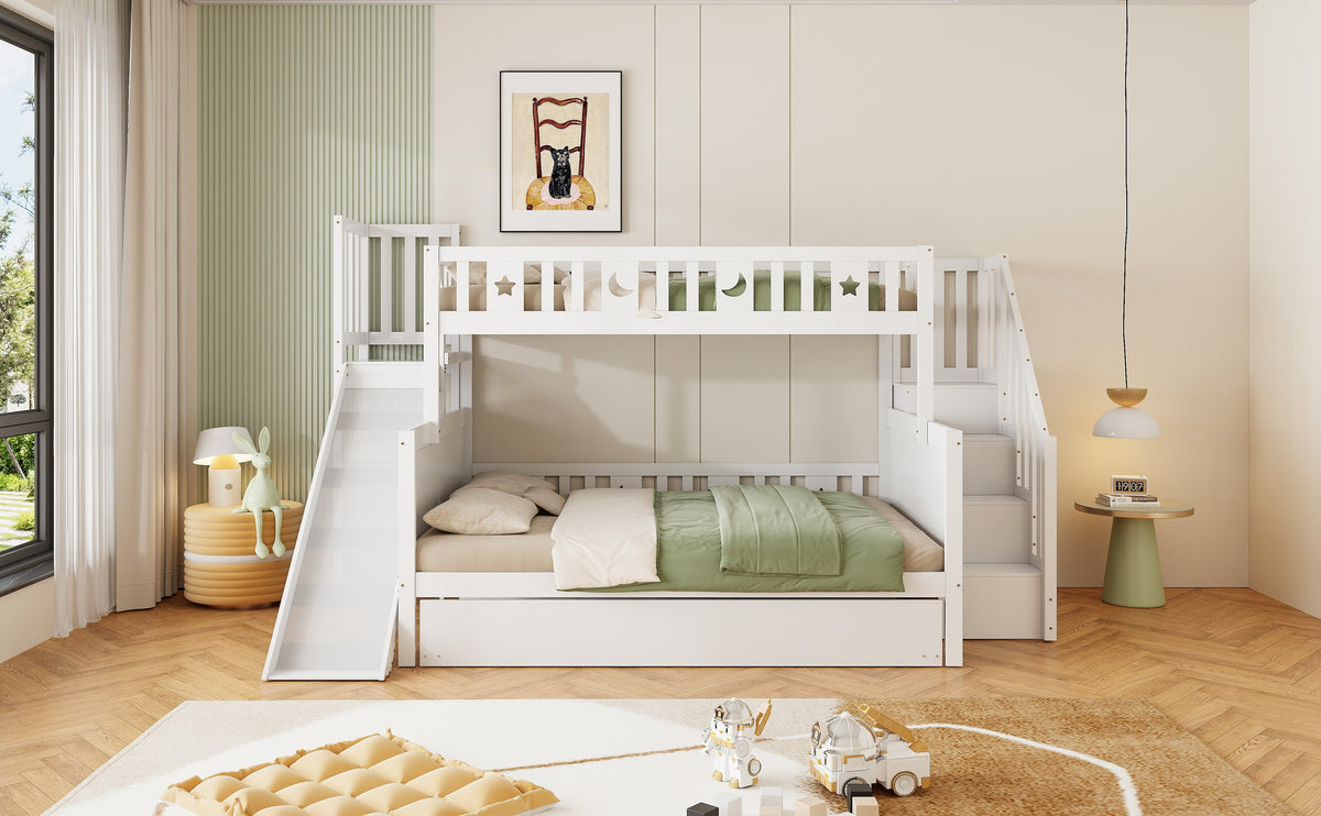 Children's Bed, Bunk with Slide, Shelf, Trundle & Slatted Frame, Solid Wood, White