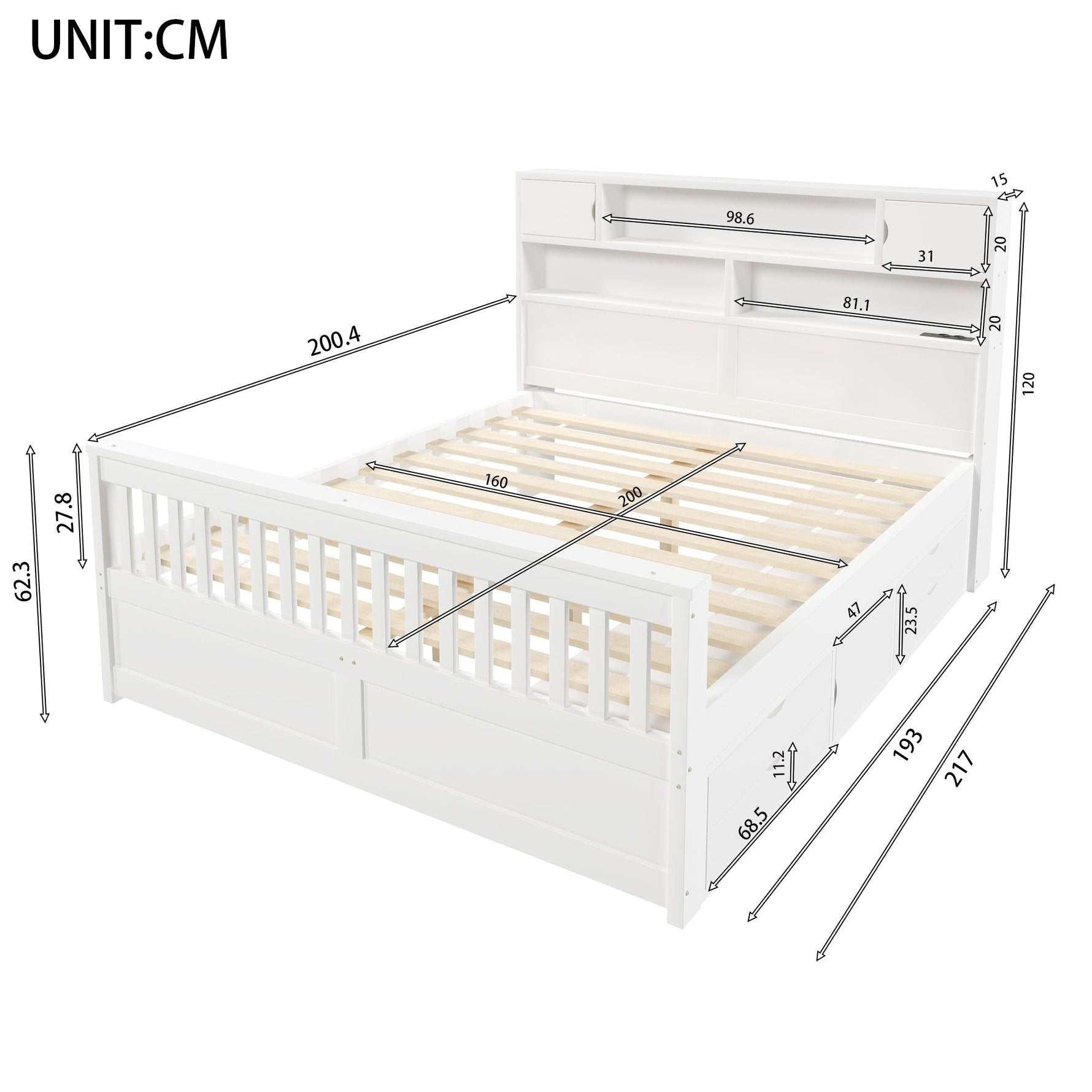 Platform Bed Frame with Storage Shelves, LED, USB and 4 Drawers, 160x200cm, White