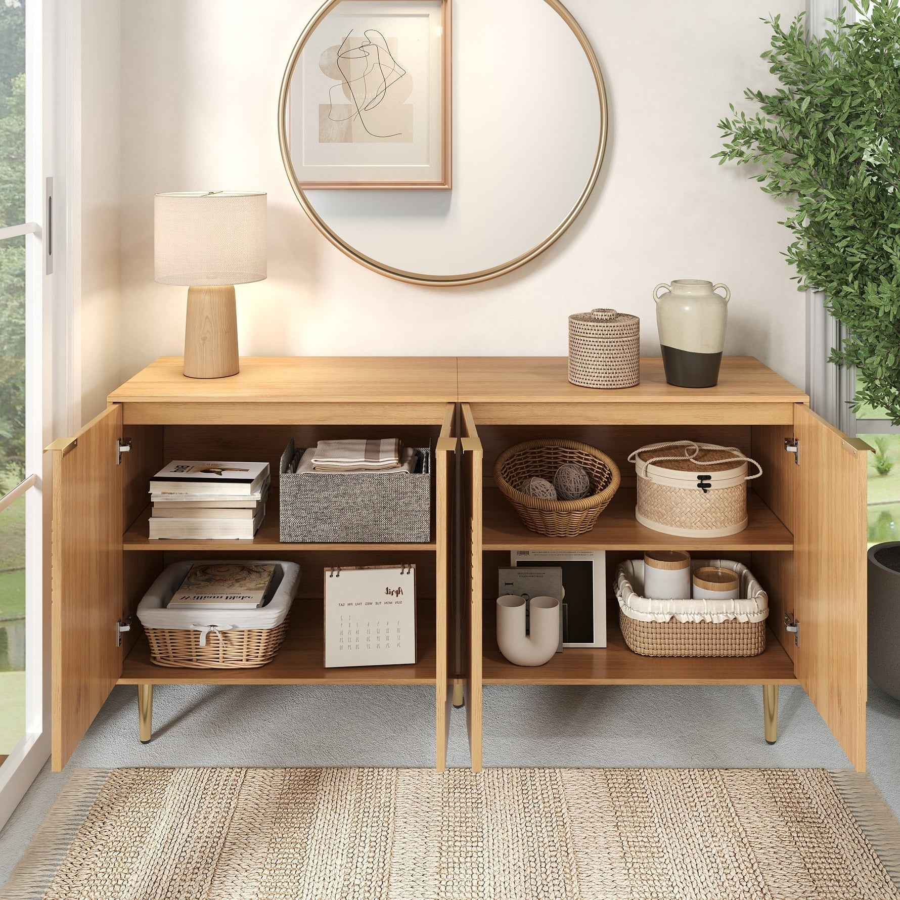 Modern Sideboard with 4 Doors and Adjustable Shelves, Natural Wood Look