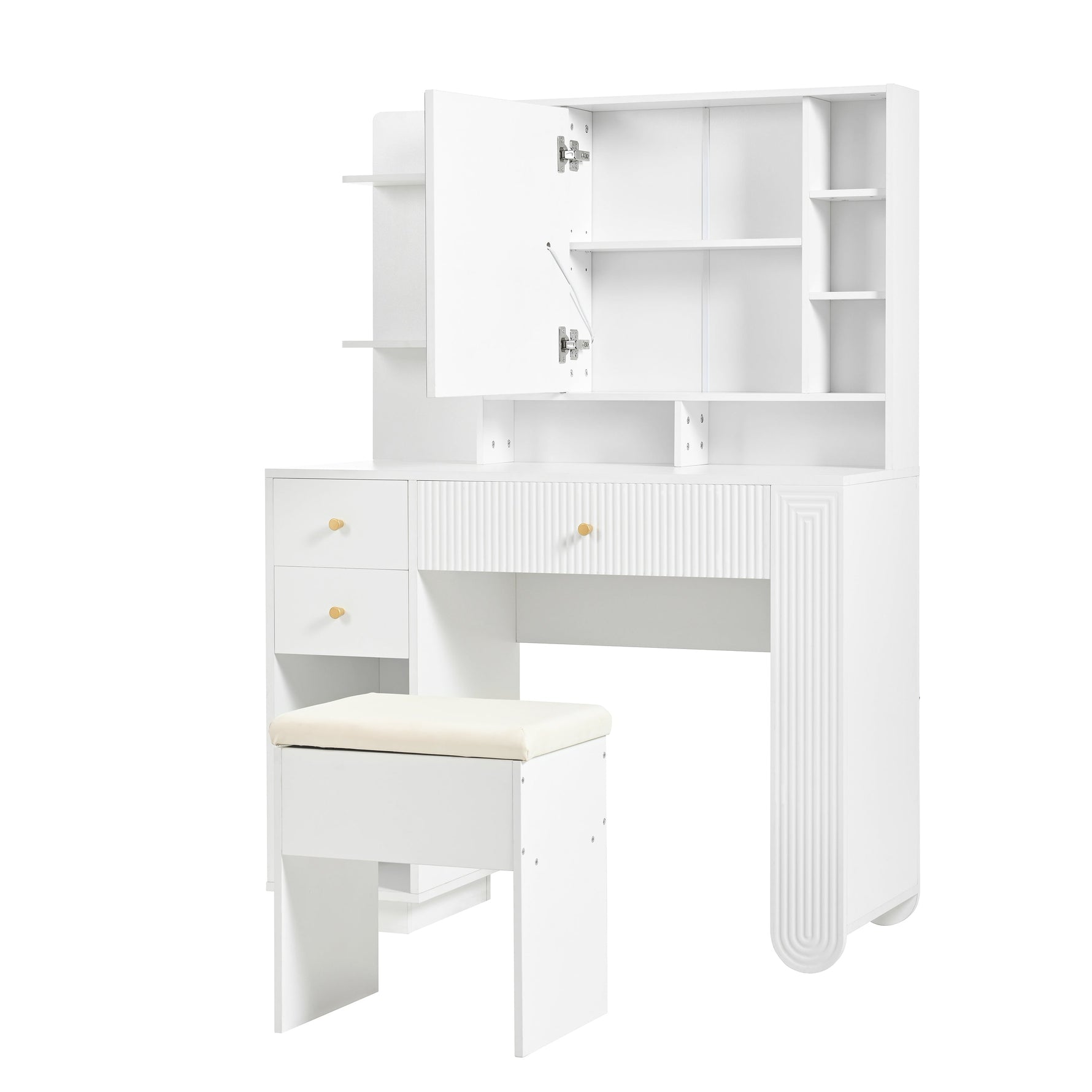 Illuminated Dressing Table with Mirror and Stool, Adjustable Brightness and Storage Drawers, White