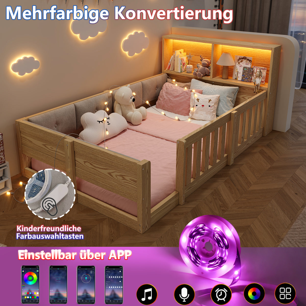 Children's Flatbed 90x200cm with Railings & LED Light, Natural
