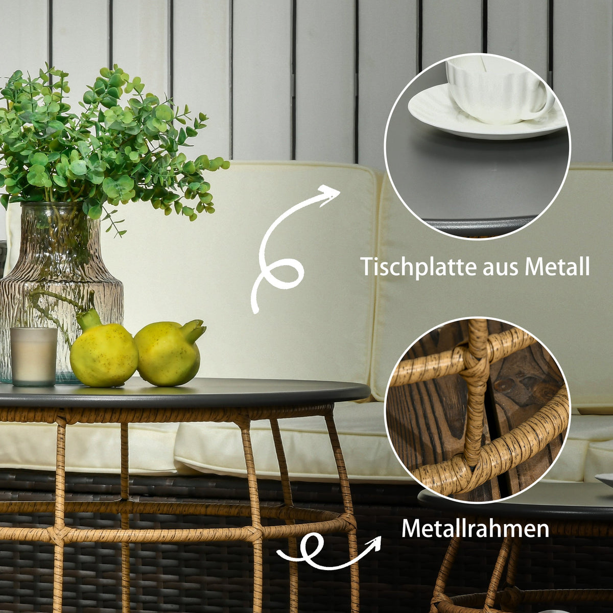 Side Table Set, 2 Coffee Tables with Hand-Woven Table Top, Sand