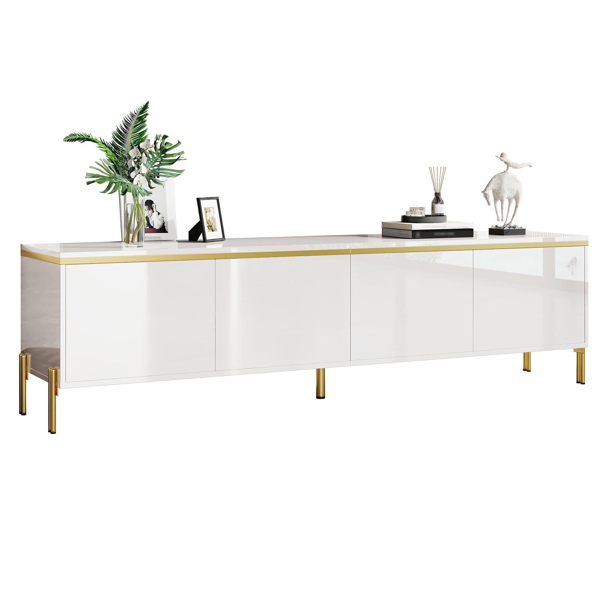 TV Stand Modern High-Gloss with 4 Cabinet Doors and Storage, Gold Edge Banding