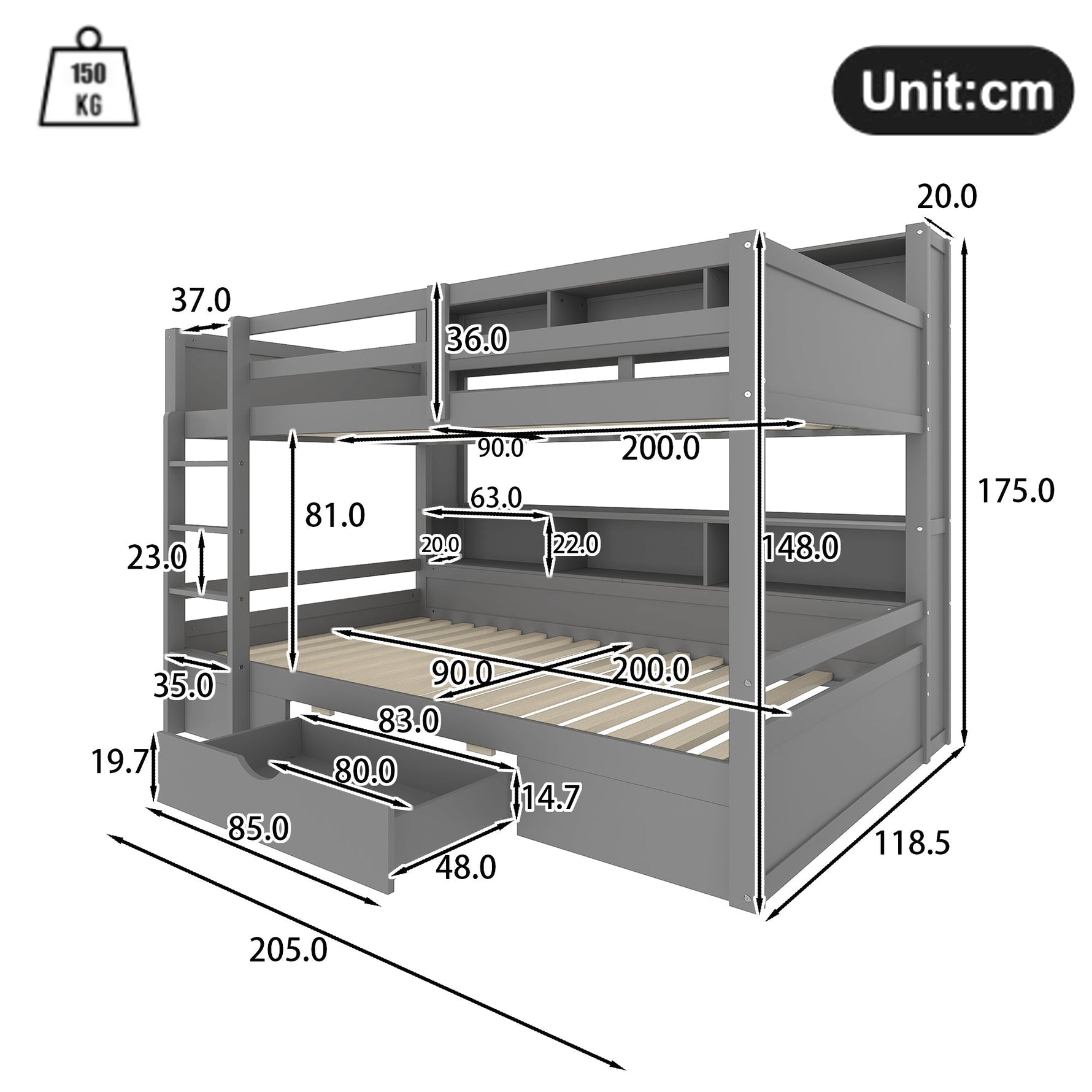 Bunk Bed 90x200cm Single Bed with Drawers Storage Without Mattress Grey