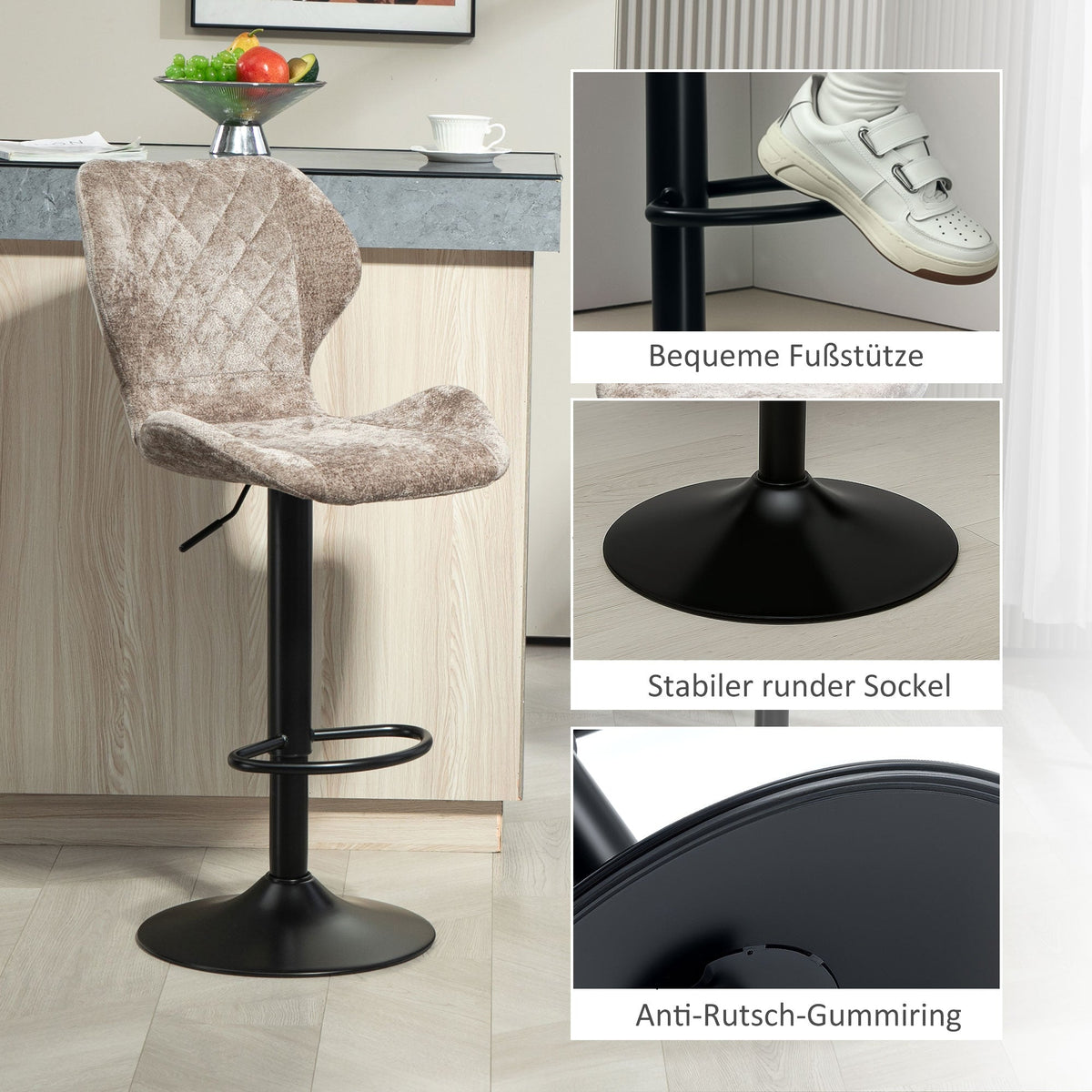 Bar Stool Set of 2, Upholstered with Backrest, Height-Adjustable, 360° Rotatable, Brown