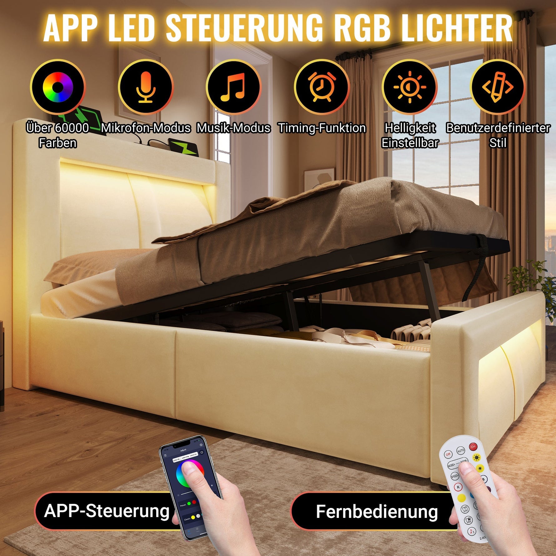 Double Bed 180x200cm Hydraulic Storage LED USB Charging Curved Headboard Beige Velvet