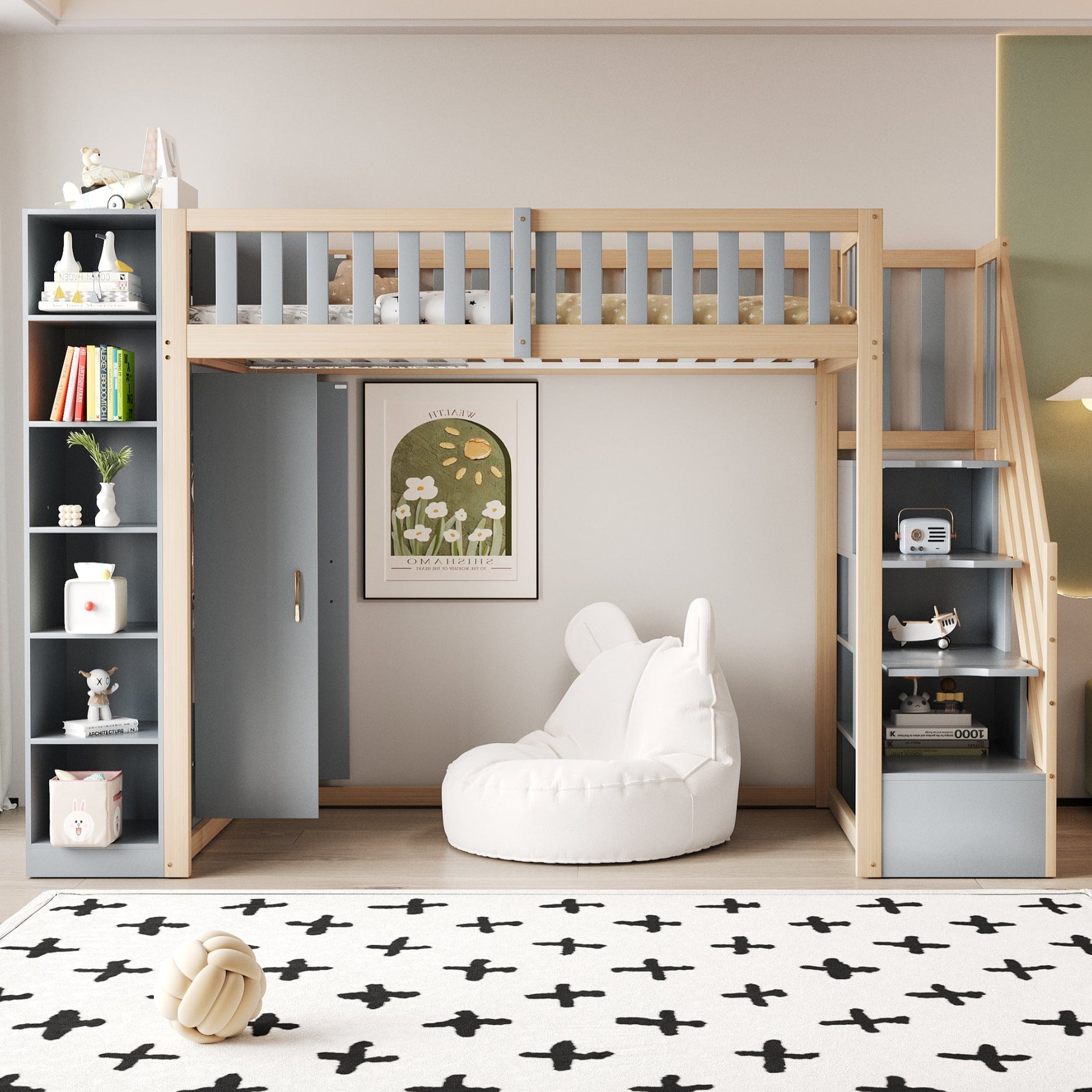 Loft Bed, Multifunctional with Shelves, Storage & Wardrobe, Grey + Raw Wood