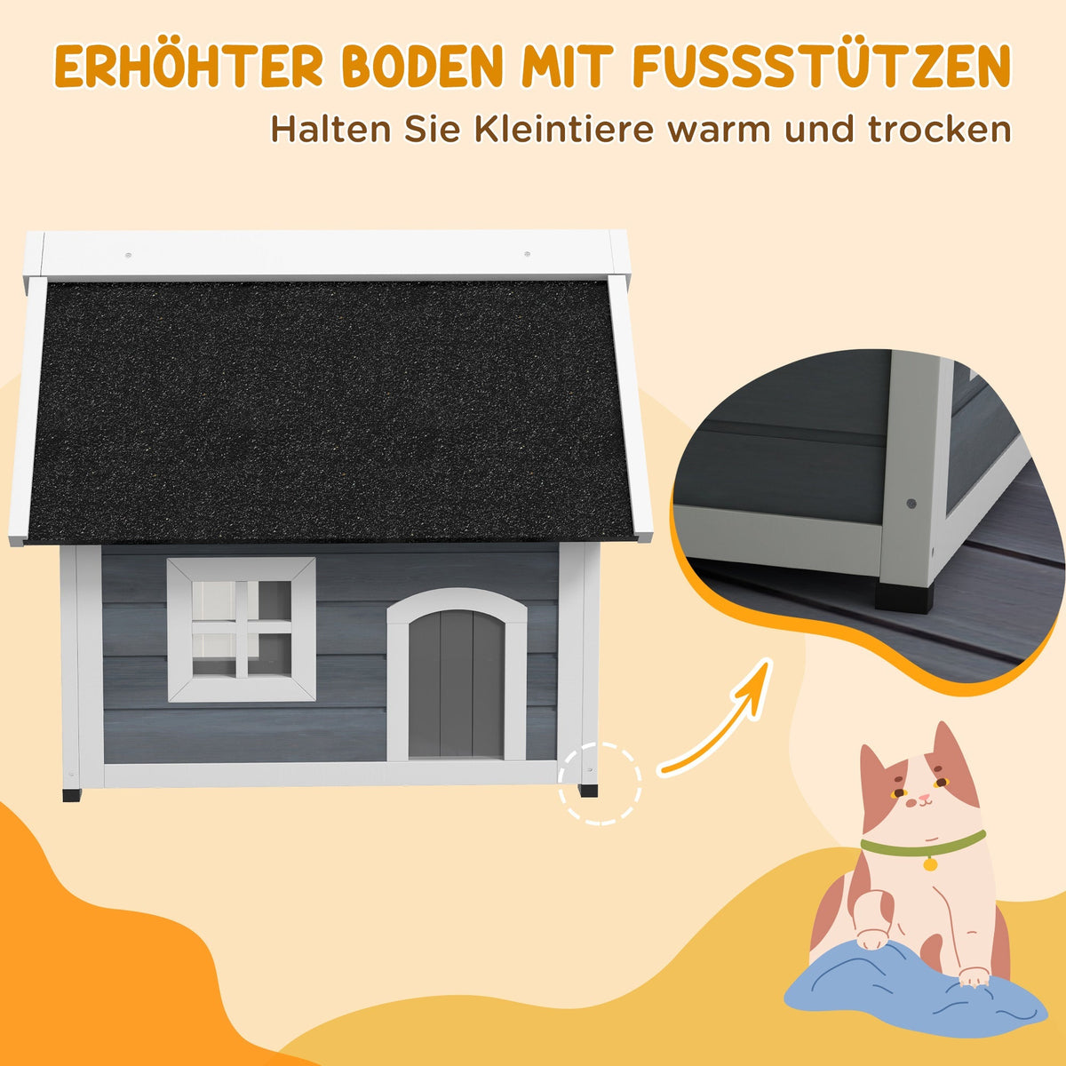 Cat House/Cave, Weatherproof Wooden with Hinged Roof, 3 Doors, Grey